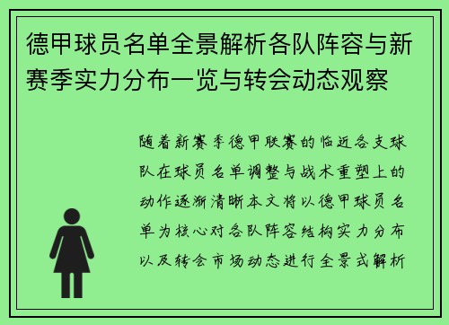 德甲球员名单全景解析各队阵容与新赛季实力分布一览与转会动态观察